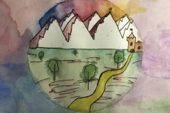 Landschaft vor Aquarell-Himmel, Klasse 4